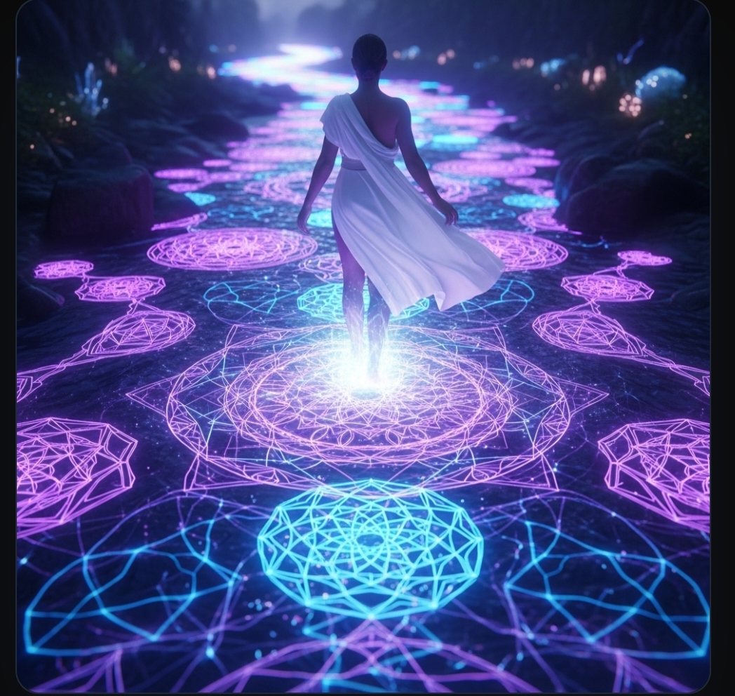 Mujer caminando un río imaginario de mandalas, metáfora del sentir consciente y el camino interior